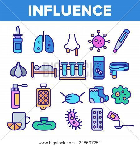 Influenza Linear Vector Icons Set. Influenza Thin Line Contour Symbols Pack. Common Cold, Runny Nose