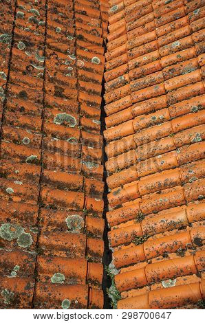 Close-up Of Shingles On Roof Covered By Moss And Lichens Forming A Cute Background At Alvoco Da Serr