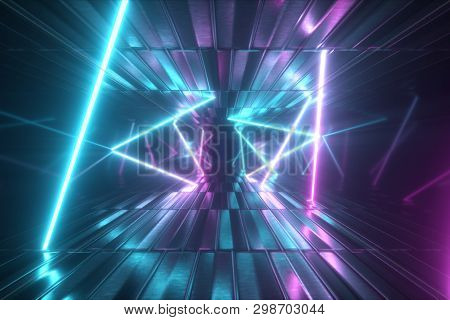 3d Illustration, Abstract Metallic Texture Virtual Reality Tunnel. Futuristic Motion Graphic. Ultra 