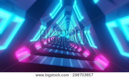 Flying Through Metallic Glowing Rotating Neon Triangles Creating A Tunnel, Colorful Spectrum, Fluore