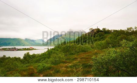 Fjord Landscape With Sildpollnes Chapel, Lofoten Islands, Sildpollneset Peninsula On Of Austvagoya, 