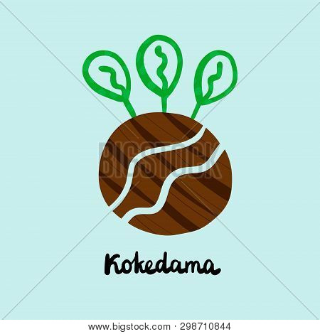 Kokedama Hand Drawn Illustration With Lettering. Traditional Japanese Ball Of Soil Covered Moss