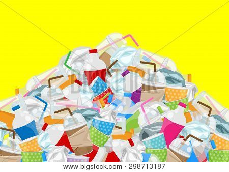 Illustration Of Pile Garbage Waste Plastic And Paper In Mountain Shape Isolated Yellow Background, B
