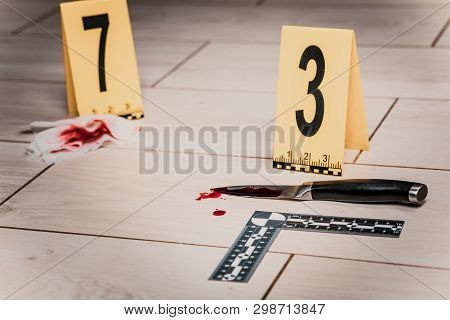 Crime Scene Investigation. Bloody Knife. Evidence Of Murder.