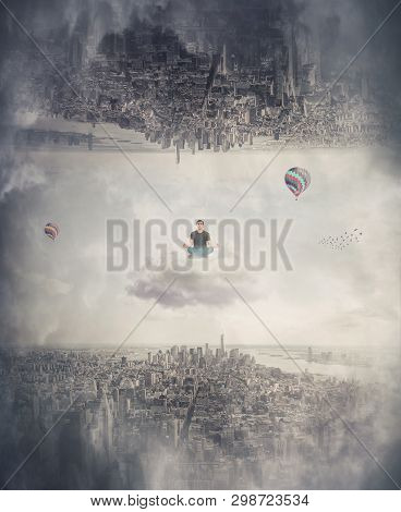 Relaxed Man Meditate Seated On A Floating Cloud Between Two Imaginary Parallel Worlds, Keeps Eyes Cl