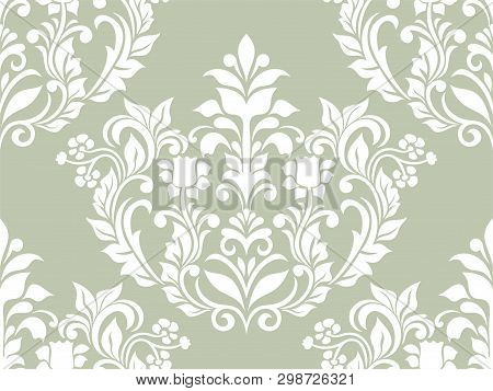 Damask Seamless Vector Background. Baroque Style Pattern. Green And White Floral Element. Graphic Or