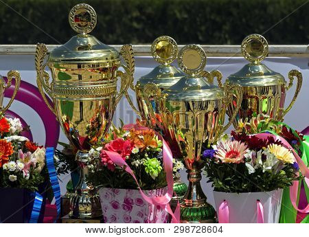 Nalchik,russia - May 01,2019:cup A Medal Award And Flowers Before Delivery To Winners In Hippodrome 