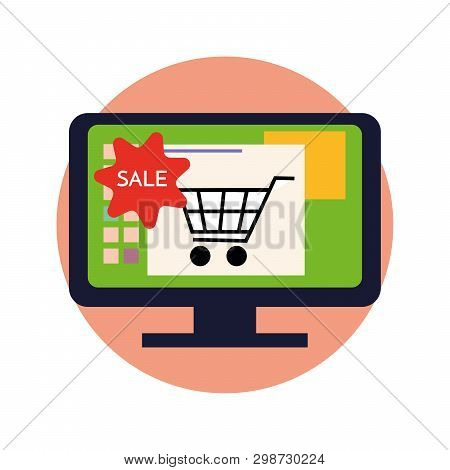 Online Store Icon. Shopping Trolley At Big Computer Monitor With Opened Web Application And Goods Ic