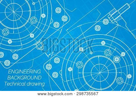 Mechanical Engineering Drawings On Blue Background. Milling Machine Spindle. Technical Design. Cover