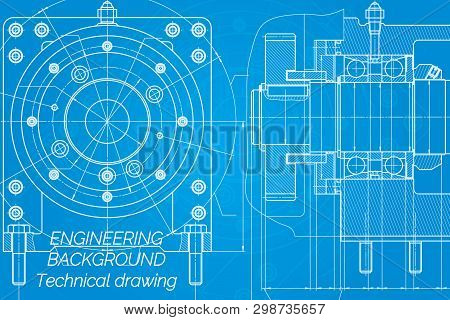 Mechanical Engineering Drawings On Blue Background. Milling Machine Spindle. Technical Design. Cover