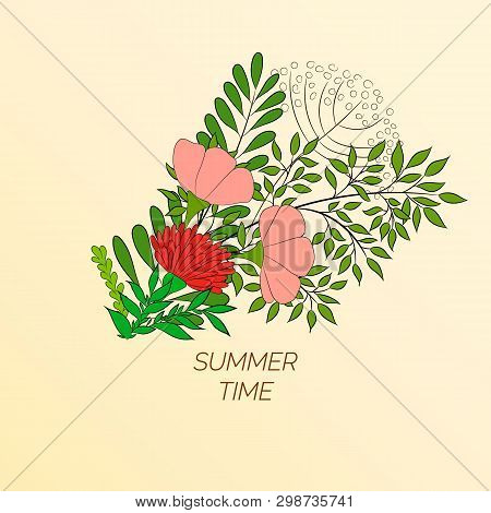 Summer Floral Background In The Form Of A Wreath Of Flowers And Green Leaves. For The Design Of Post