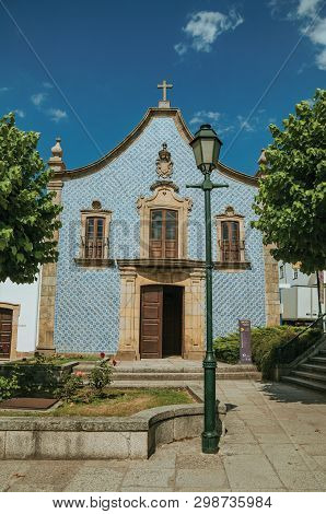 Gouveia, Portugal - July 17, 2018. Facade Covered By Ceramic Tiles At The Church Of The Misericordia