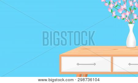 Empty Wooden Desk On Blue Room Background Closeup, Modern Wood Table In Blank Blue Wall Room, Table 