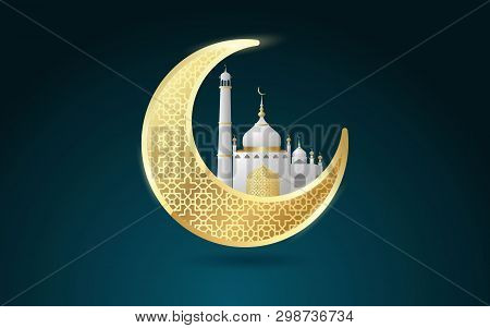 Creative Moon With Mosque For Muslim Community Festival, Ramadan Kareem Celebration. - Vector