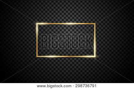 Gold Shiny Glowing Vintage Frame With Shadows Isolated On Transparent Background. Golden Luxury Real