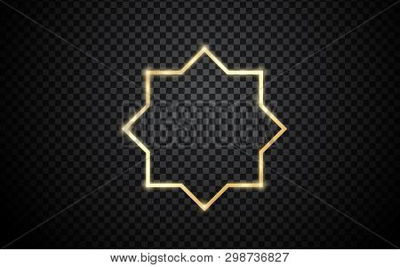 Gold Shiny Glowing Vintage Frame With Shadows Isolated On Transparent Background. Golden Luxury Real