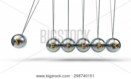 Newtons Cradle Silver Balls And Golden Currency Symbols. 3d Illustration