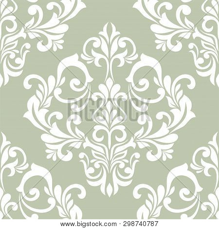 Damask Seamless Vector Background. Baroque Style Pattern. Green And White Floral Element. Graphic Or