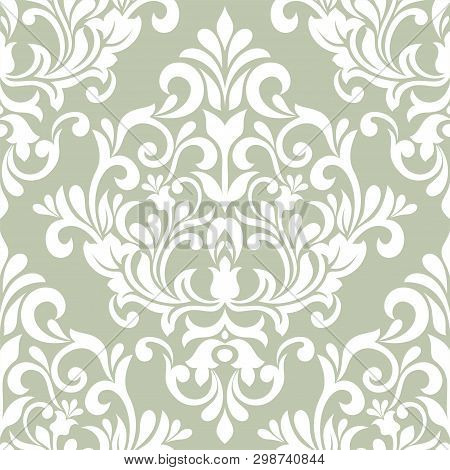 Damask Seamless Vector Background. Baroque Style Pattern. Green And White Floral Element. Graphic Or