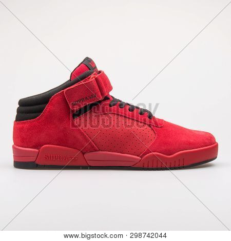 Vienna, Austria - August 23, 2017: Supra Ellington Strap Red And Black Sneaker On White Background.