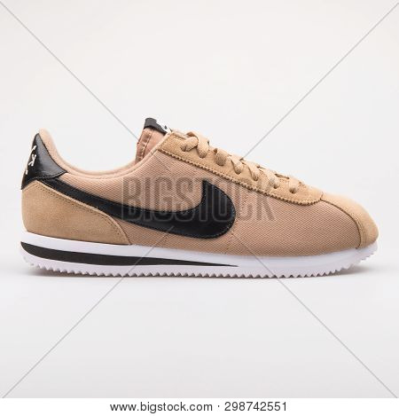 Vienna, Austria - August 23, 2017: Nike Cortez Basic Premium Qs Desert Camo And Black Sneaker On Whi