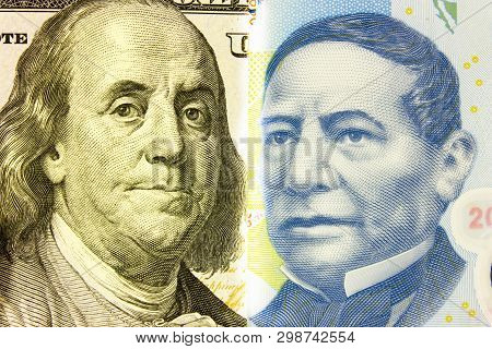 Portrait Of President Franklin On Banknote Of $ 100 And  Portrait Of Don Benito Juarez At 20 Mexican