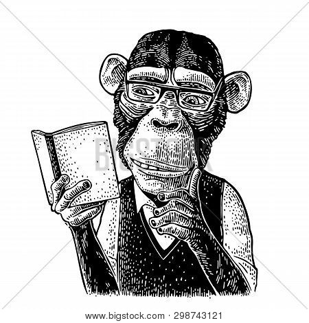Monkey Hipster Is Reading A Book. Vintage Black Engraving