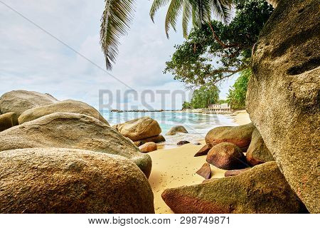 Mahe Seychelles Beach With Famous Rocks, Glacis Beach