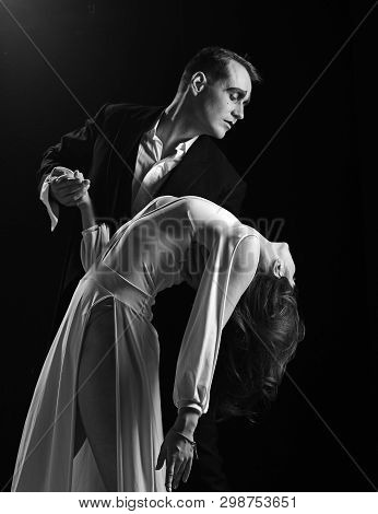 More Than A Little Romance. Theatre Actors Miming Through Body Motions. Couple Of Mime Artists Perfo