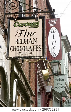 A View Of Carousel Fine Belgian Chocolate Shop At The Top Of Steep Hill,lincoln, Lincolnshire, Unite