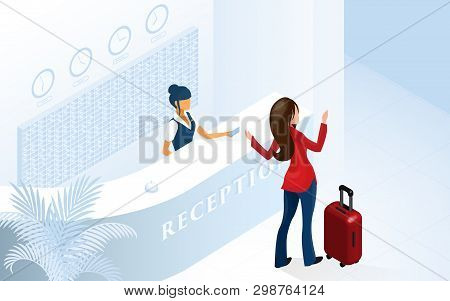 Hotel Reception Woman Receptionist At Counter Give Electrinic Key Vector Isometric Illustration. Wom