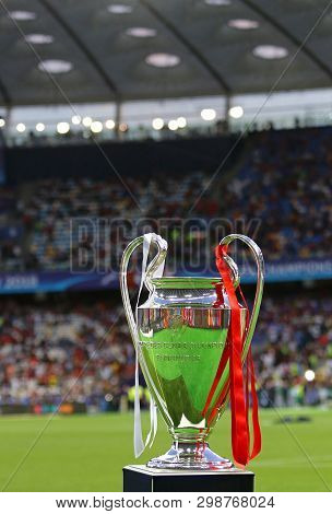 Kyiv, Ukraine - May 26, 2018: Uefa Champions League Trophy (cup) Presents Before The Final Game Betw