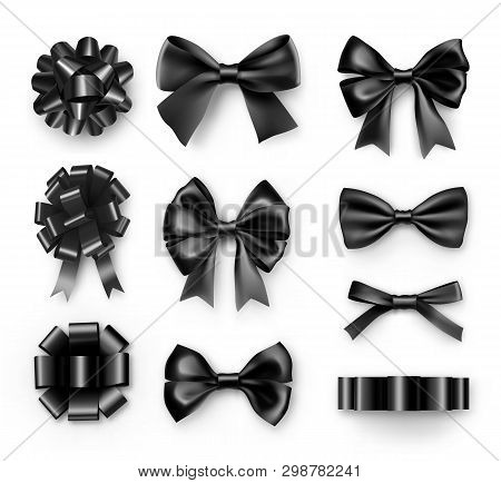 Stylish Black Bows With Ribbons. Funeral Procession Decor Isolated On White Background. Realistic De