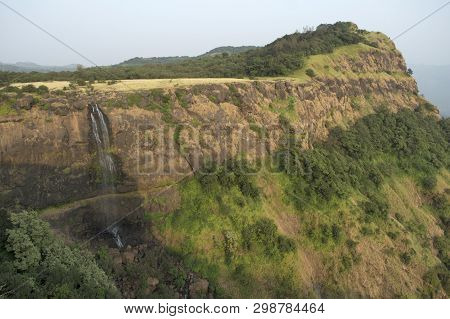 Landscape View Of A Waterfall And Mountain Near Made Ghats, Pune, Maharashtra.