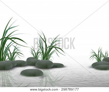 3d Illustration, Light Background, Round Stones, Bulrush