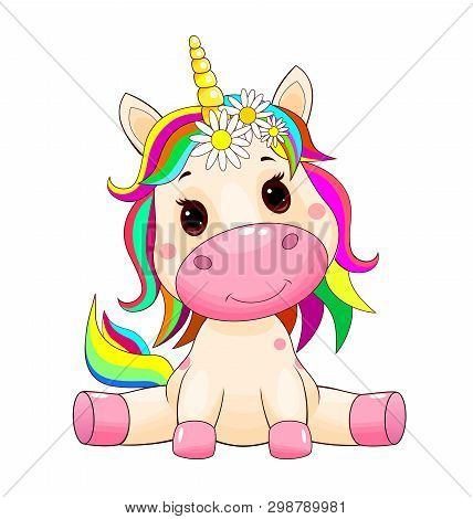 Little Unicorn With A Multi-colored Mane And Tail On White.
