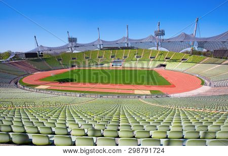 MUNICH - GERMANY April 20, 2019: Olympiapark in Munich, Germany. Olympic Park was constructed for the 1972 Olympics Summer Games.