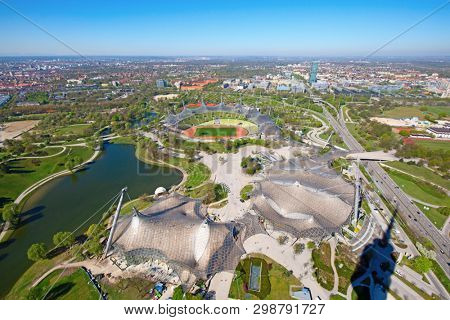 MUNICH - GERMANY April 20, 2019: Olympiapark in Munich, Germany. Olympic Park was constructed for the 1972 Olympics Summer Games.