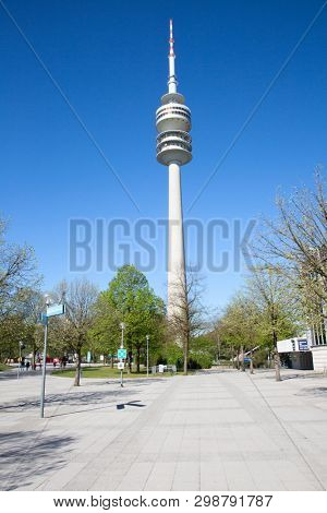 MUNICH - GERMANY April 20, 2019: Olympiapark in Munich, Germany. Olympic Park was constructed for the 1972 Olympics Summer Games.