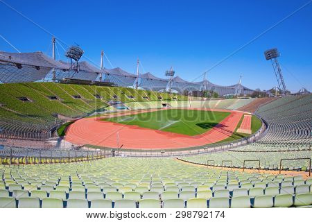 MUNICH - GERMANY April 20, 2019: Olympiapark in Munich, Germany. Olympic Park was constructed for the 1972 Olympics Summer Games.