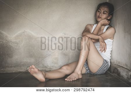 Teenage Girls With Problems, Sad Depressed Woman Suffering From Family Life. Women Sitting In Dark R