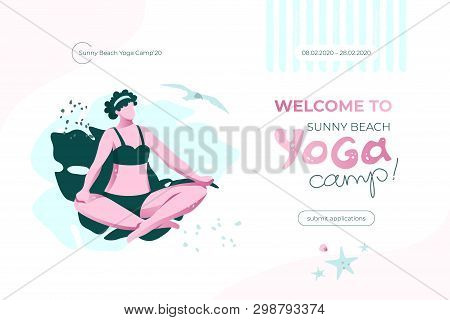 Sunny Beach Yoga Camp Vector Header Template. Web Banner Or Landing Page For Summer Camp Promotion. 