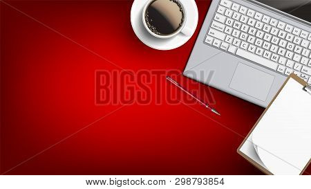 Home Business Place Working Desk Flat Lay Vector. Clipboard With Lists Of Paper, Opened Laptop Near 