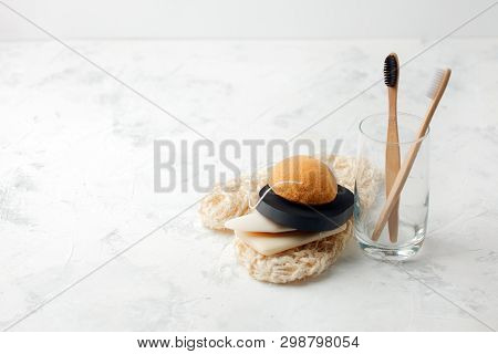 Zero Waste Bathroom. Natural Products Sponge, Konjac, Washcloth, Soap, Glass Tumbler, Toothbrush On 
