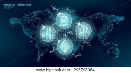 Global International Blockchain Cryptocurrency. World Map Low Poly Modern Future Finance Banking Des