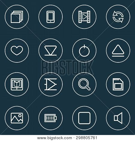 Media Icons Line Style Set With Eject, Sd Card, Favorite And Other Cellphone Elements. Isolated Vect