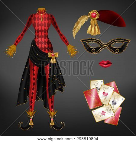 Female Joker, Harlequin Suit Realistic Vector. Tight, Red Checkered Dress, Black Skirt With Golden B