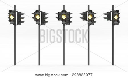 Five Traffic Lights In The Frame Of Tellow Lights, 3d Illustration