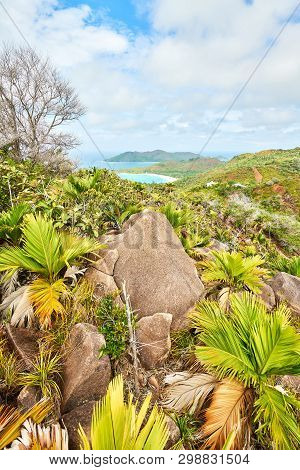 Beautiful View On Anse Lazio Tropical Beach From Morne Grand Fon