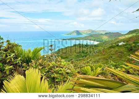 Beautiful View On Anse Lazio Tropical Beach From Morne Grand Fon